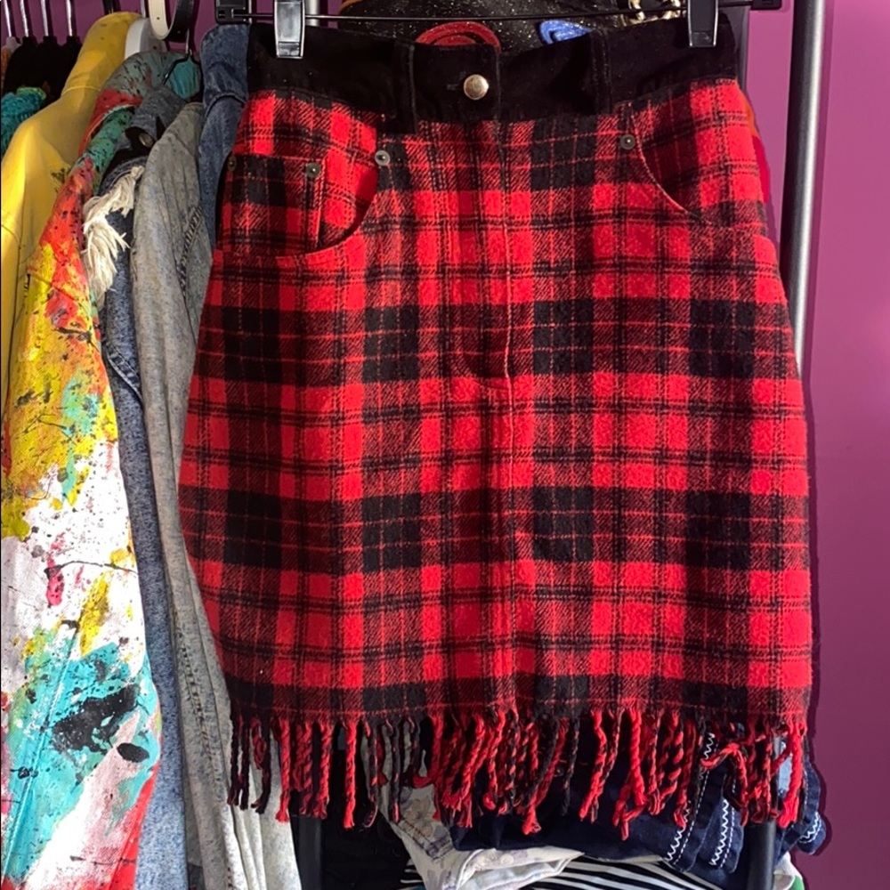 Vintage Express wool and velvet fringe skirt.